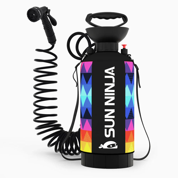 Spray bottle with colorful design and 'Sun Ninja' branding on a white background
