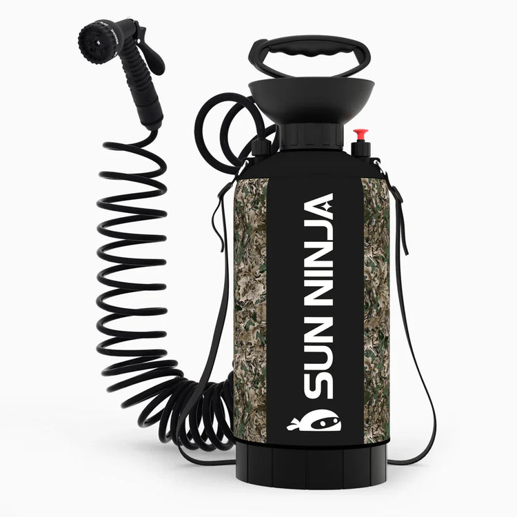 Sun Ninja spray bottle with camouflage design and coiled hose on a white background