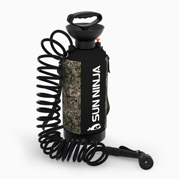 Sun Ninja spray bottle with camouflage design and coiled hose on a white background