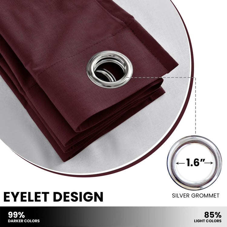 Burgundy fabric with a silver grommet on a white background, showing eyelet design details.