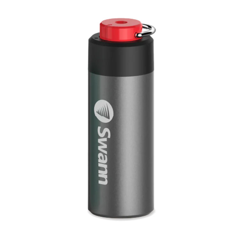 Gray water bottle with red cap and Swell logo on a white background