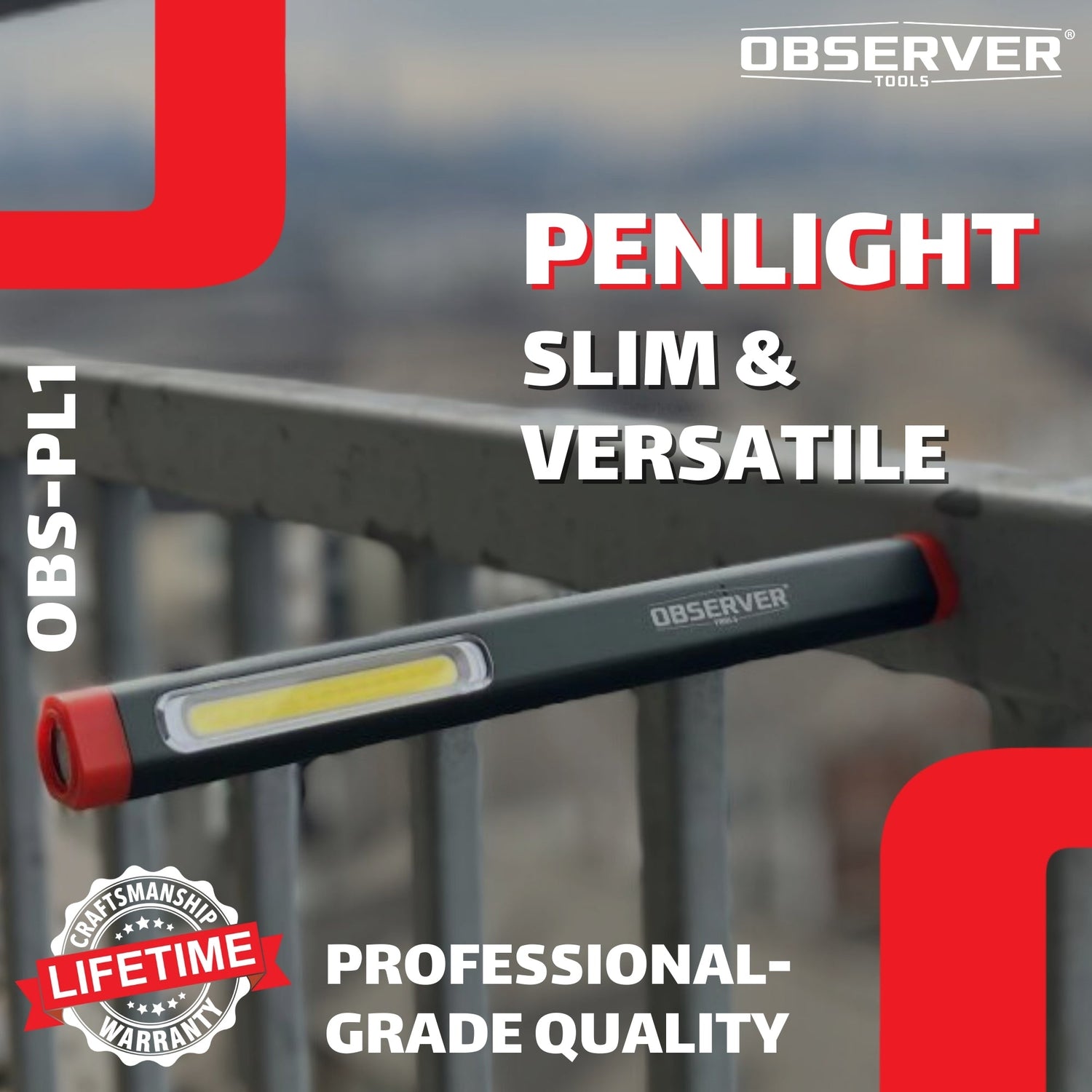 Observer Tools penlight with red accents on a blurred background