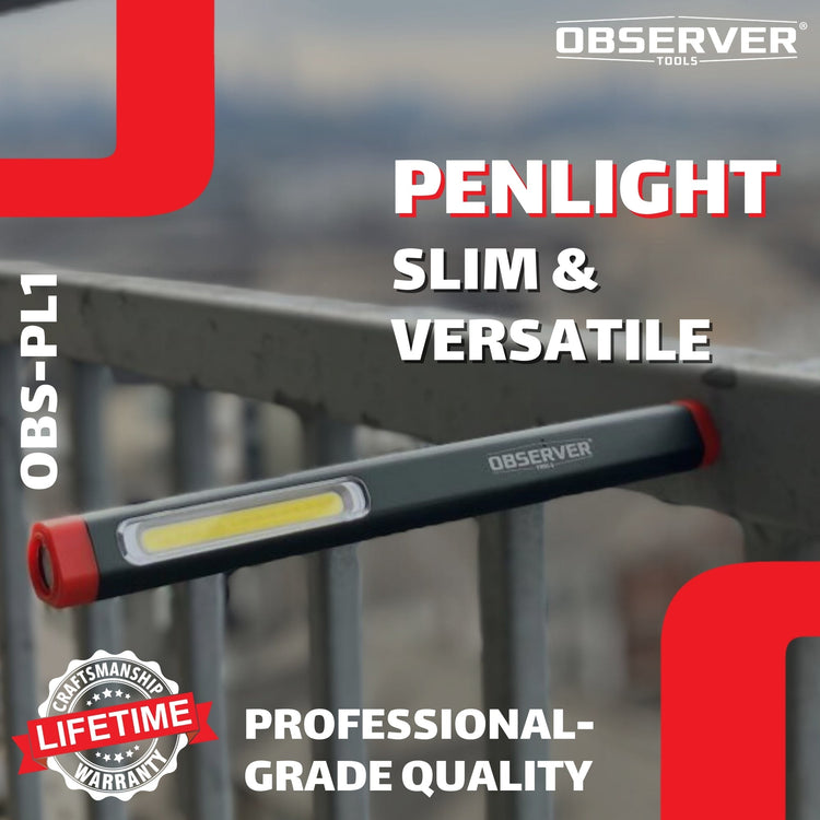 Observer Tools penlight with red accents on a blurred background