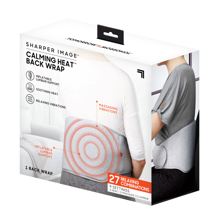 Sharper Image Calming Heat Back Wrap packaging with a person wearing the wrap on a white background