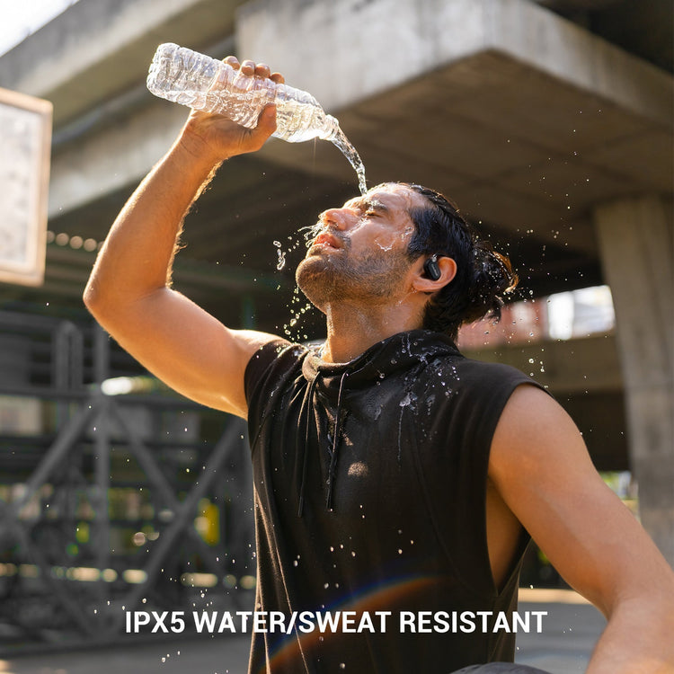 Person pouring water over their head with 'IPX5 Water/Sweat Resistant' text overlay
