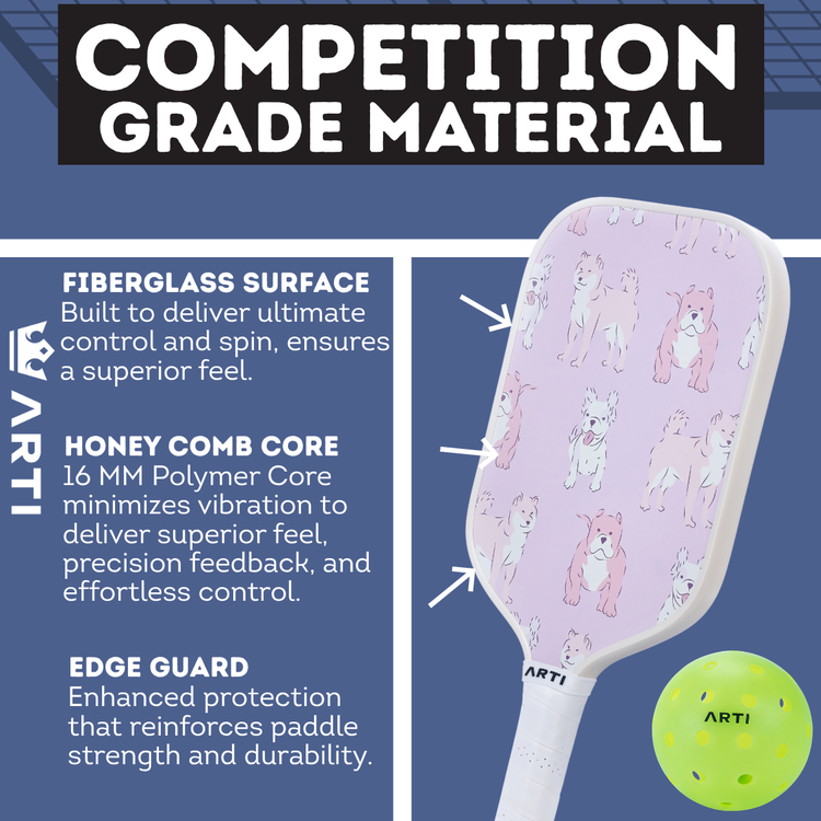 Pickleball paddle with features highlighted on a blue background