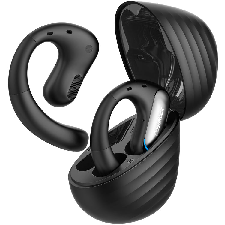 Black wireless earbuds with charging case on a white background