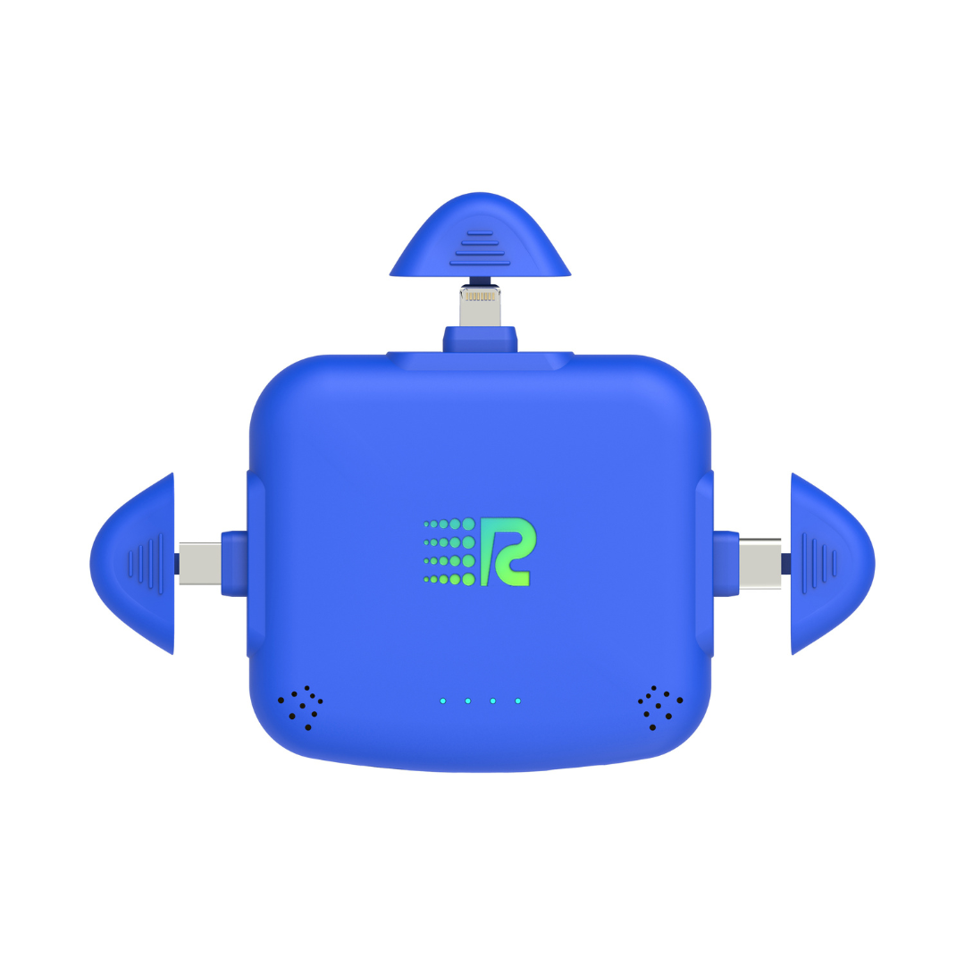 Blue electronic device with a green logo on a white background