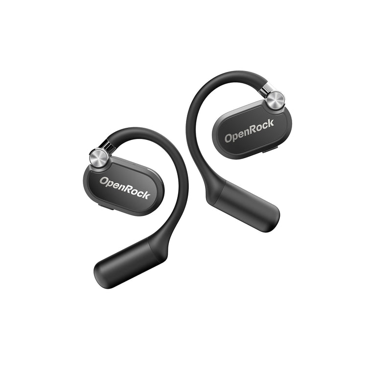 Black wireless earbuds with 'OpenRock' branding on a white background