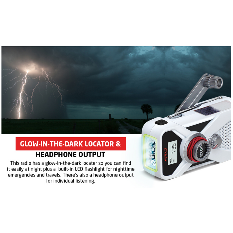 Handheld radio with glow-in-the-dark locator and headphone output feature, set against a backdrop of a stormy sky with lightning.