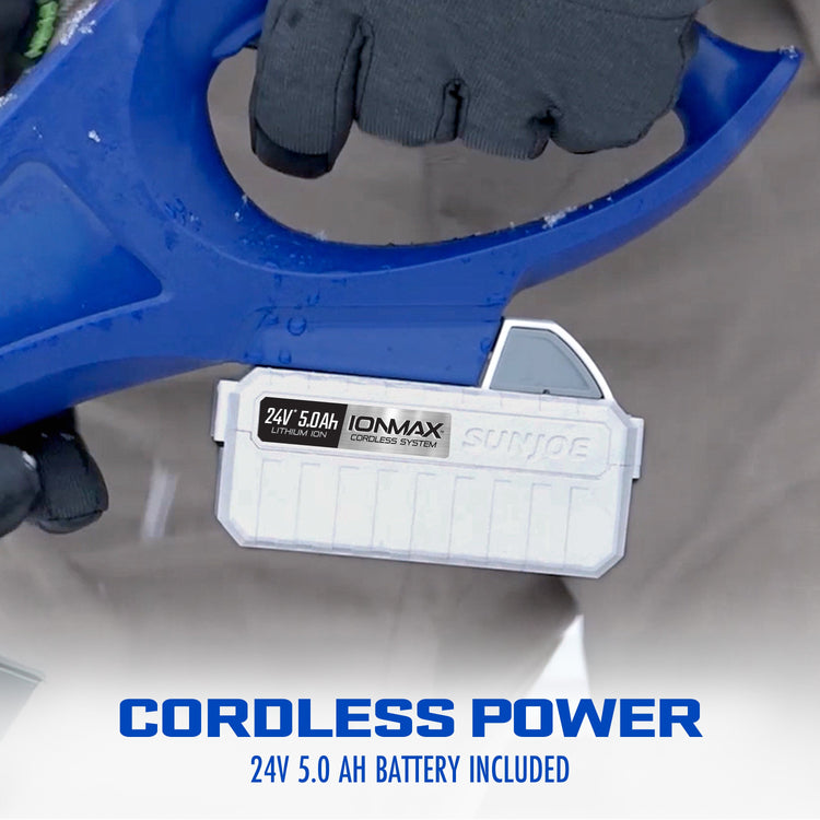 Blue snow blower with a 24V 5.0Ah Ionmax battery on a gray background