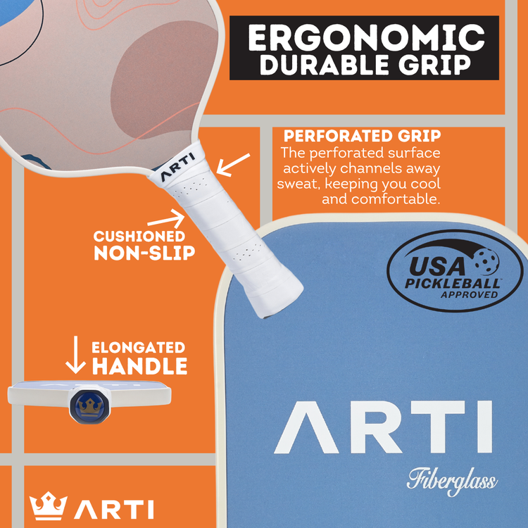 Arti pickleball paddle with features highlighted on an orange and blue background
