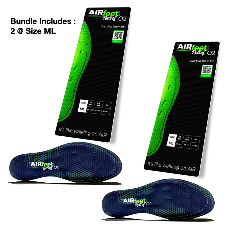 Two pairs of Airfeet Relief O2 insoles with packaging on a white background
