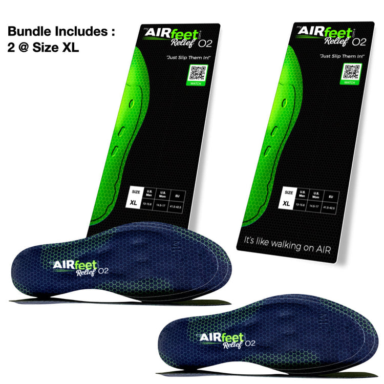 Two pairs of AIRfeet Rocket O2 shoe inserts with packaging on a white background.