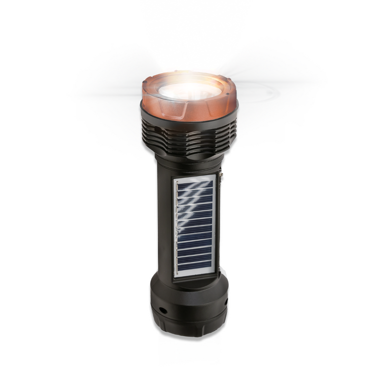 Black flashlight with solar panel on a white background