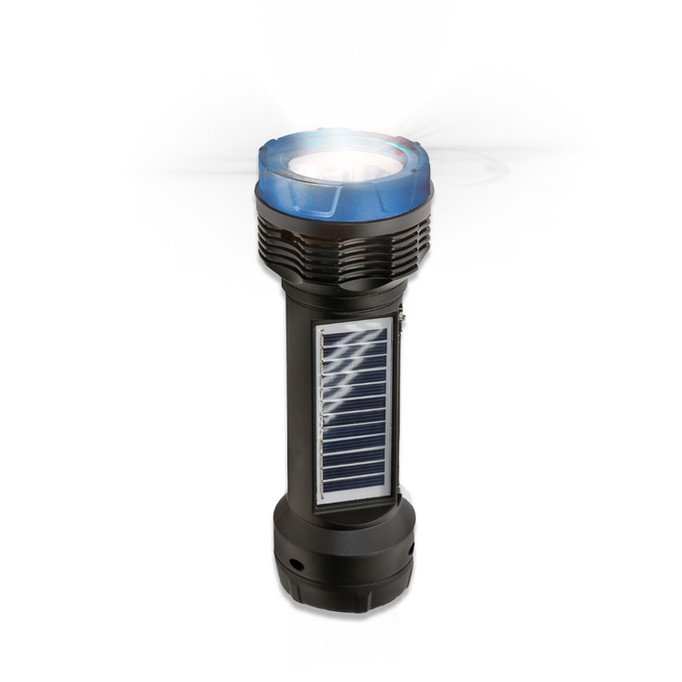 Black flashlight with solar panel on a white background