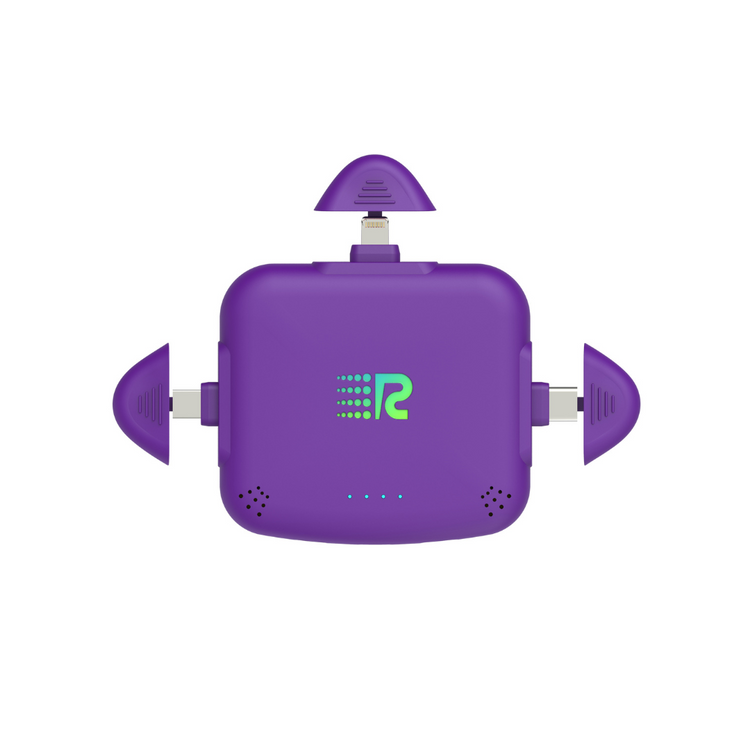 Purple electronic device with a green logo on a white background