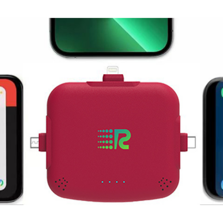 Red portable charger with multiple device charging ports on a white background