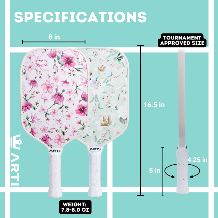 Floral-patterned paddle with measurements and specifications on a teal background