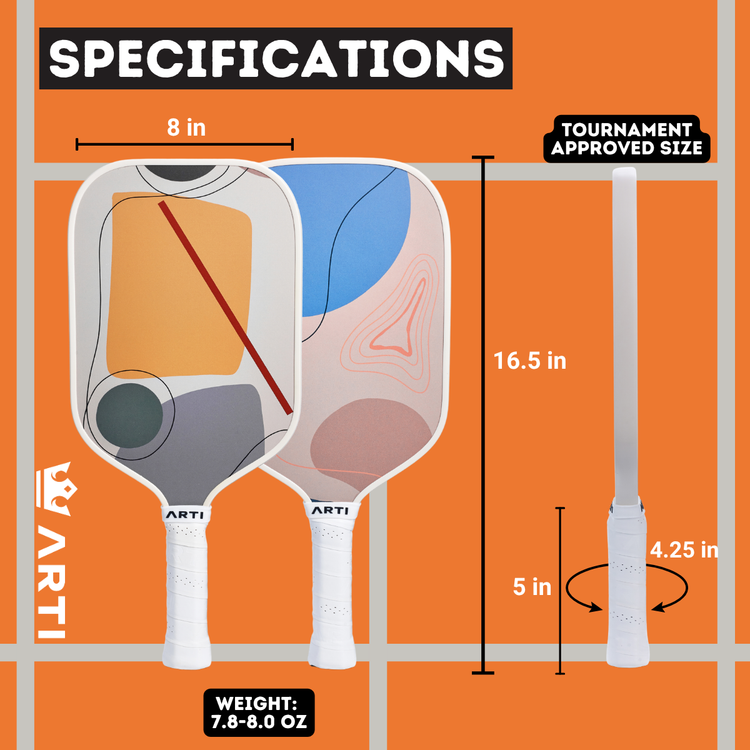 Paddle with dimensions and specifications on an orange background
