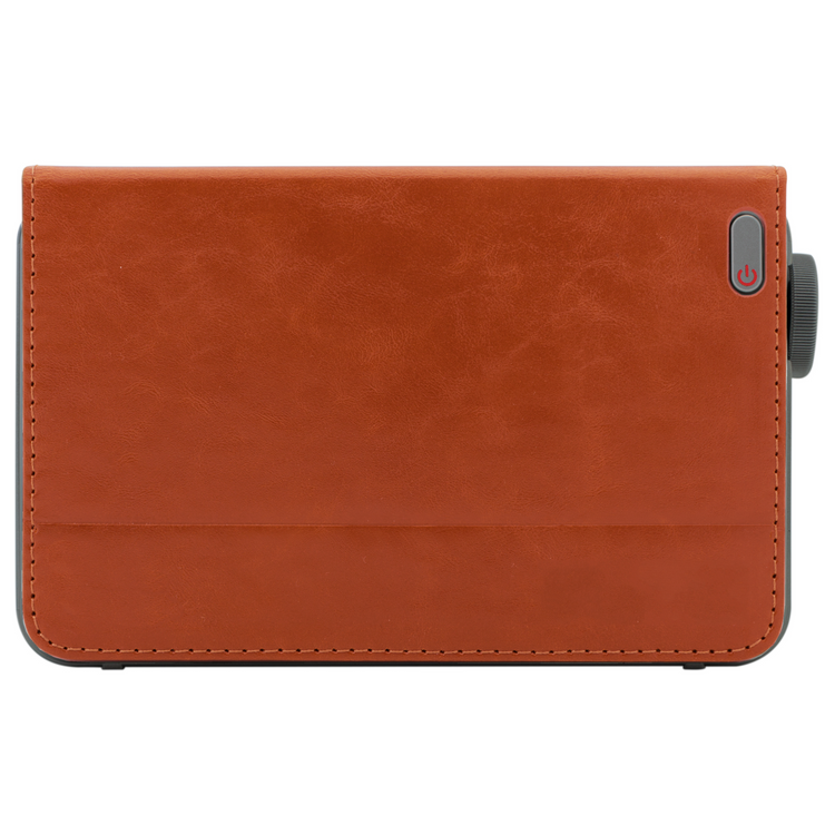 Brown leather case with a power button on a white background