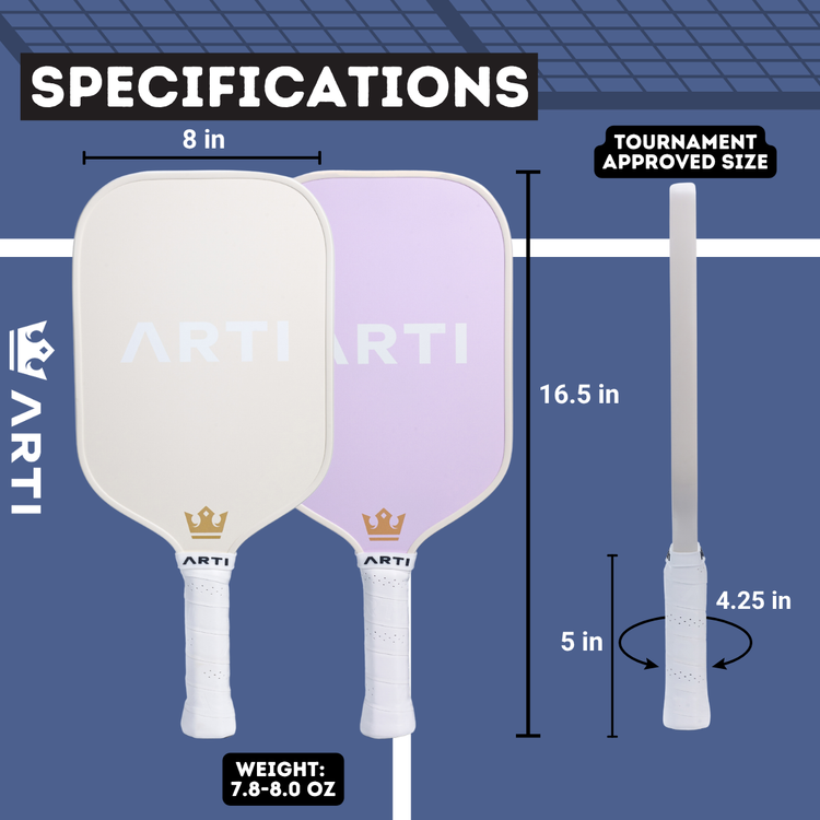 Dimensions and specifications of a pickleball paddle with ARTI branding on a blue background.