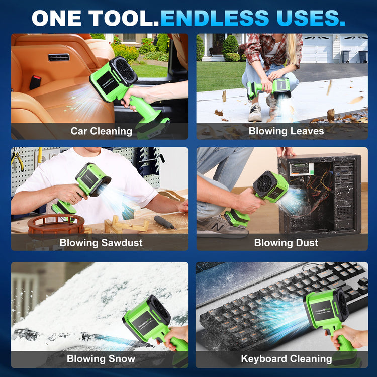 Multifunctional cleaning tool used for various tasks including car cleaning, blowing leaves, and blowing dust.