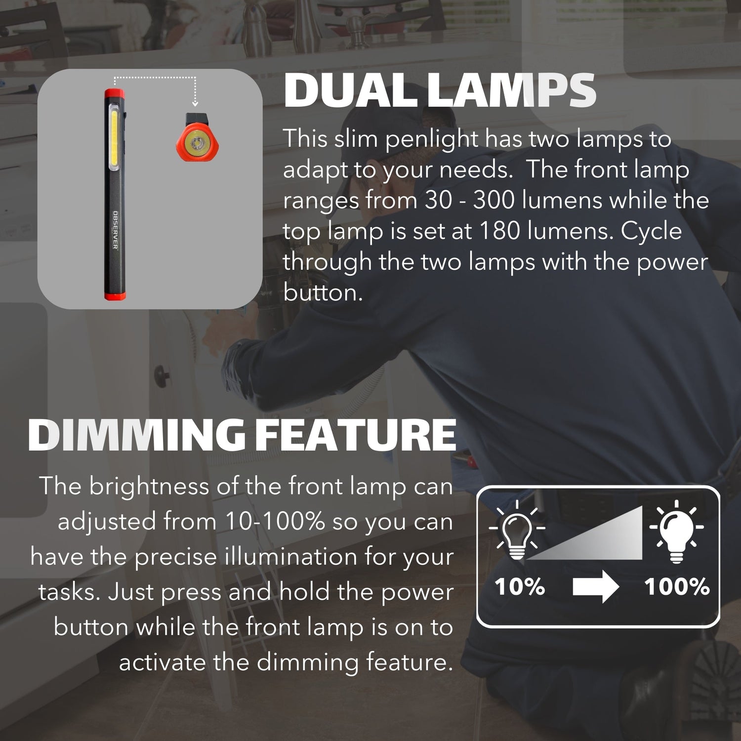 Slim penlight with dual lamps and dimming feature, used by a person in a room.