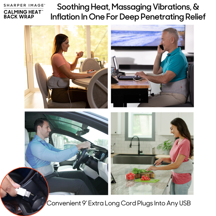 Product advertisement for a heating pad with various usage scenarios and features highlighted.