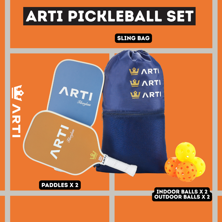 ARTI pickleball set with two paddles, a sling bag, and balls on an orange background