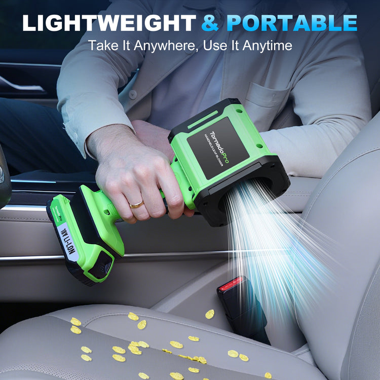 Person holding a green and black portable light source in a car, with text 'Lightweight & Portable' above.