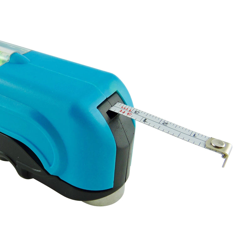 Blue tape measure with a white background