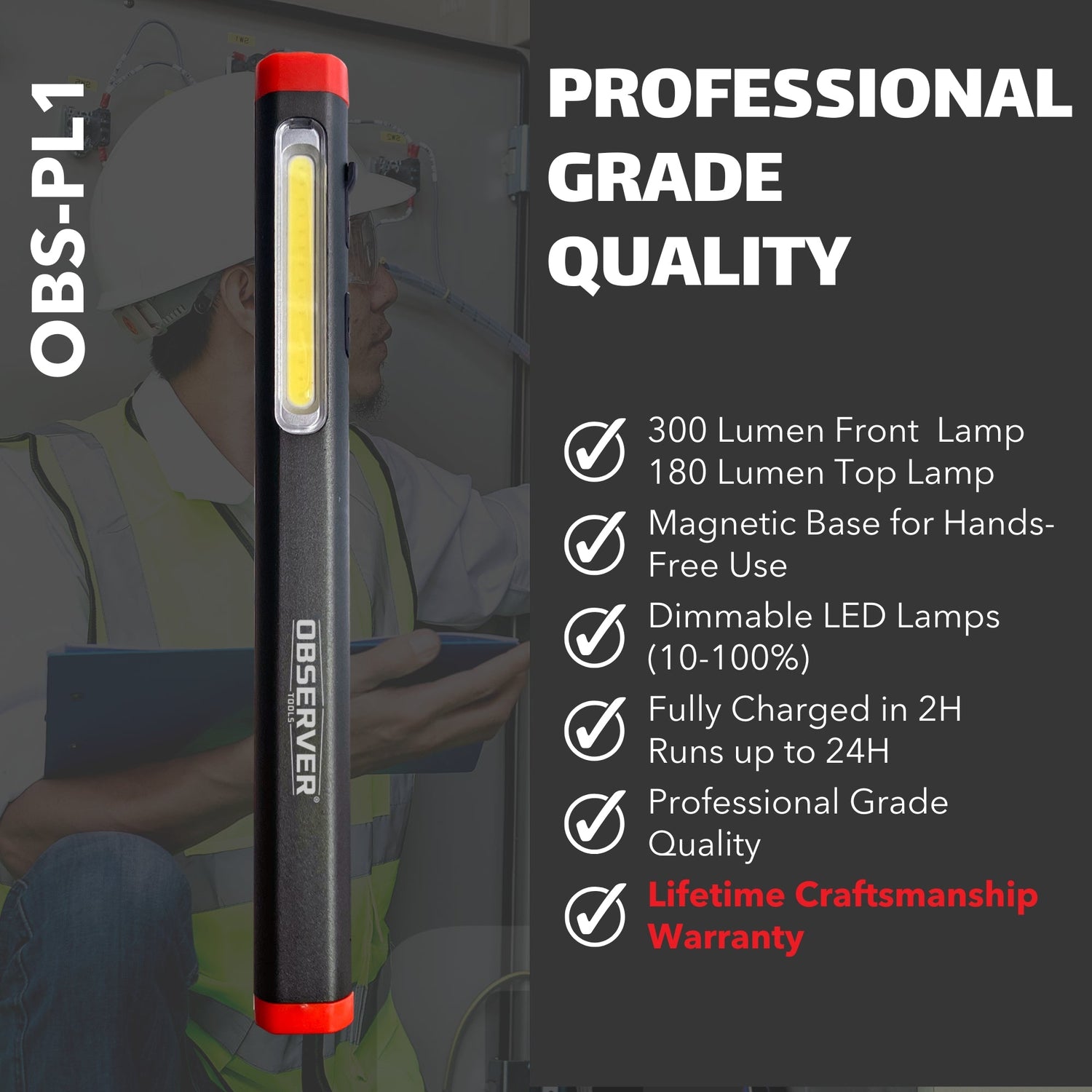 Handheld flashlight with features listed on a dark background