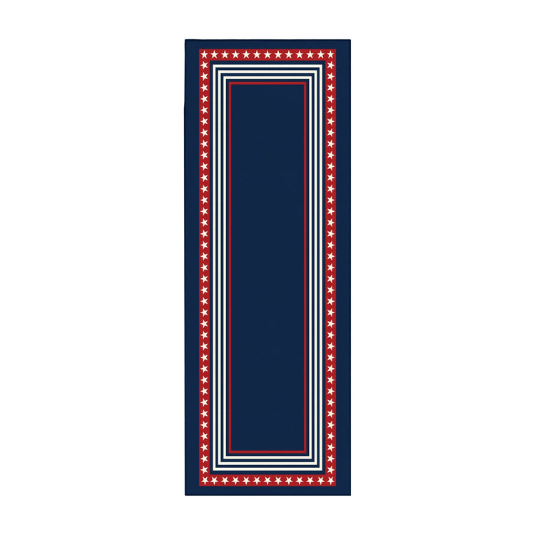 Freedom stars and stripes washable rug with navy center, red star border, and layered stripe frame designed for patriotic decor in living rooms, bedrooms, and hallways.