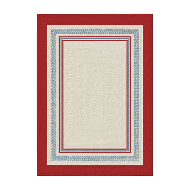 Rectangular rug with a red border and blue, white, and red patterned center on a white background