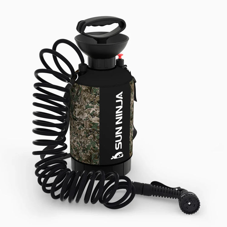 SUN NINJA spray bottle with camouflage design and coiled hose on a white background