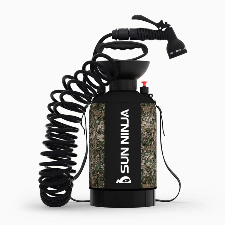 Camouflage spray bottle with coiled hose on a white background