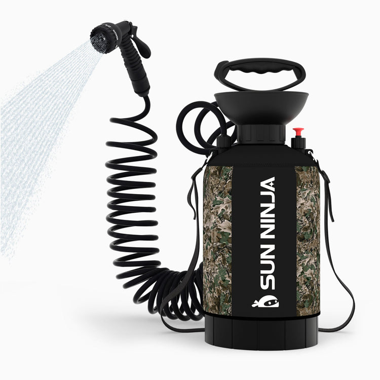 Camouflage spray bottle with coiled hose labeled 'Sun Ninja' on a white background