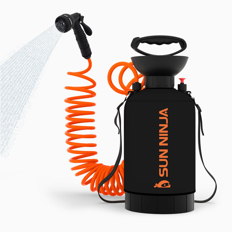 Black spray bottle with orange coiled hose and nozzle, branded 'Sun Ninja', on a white background.