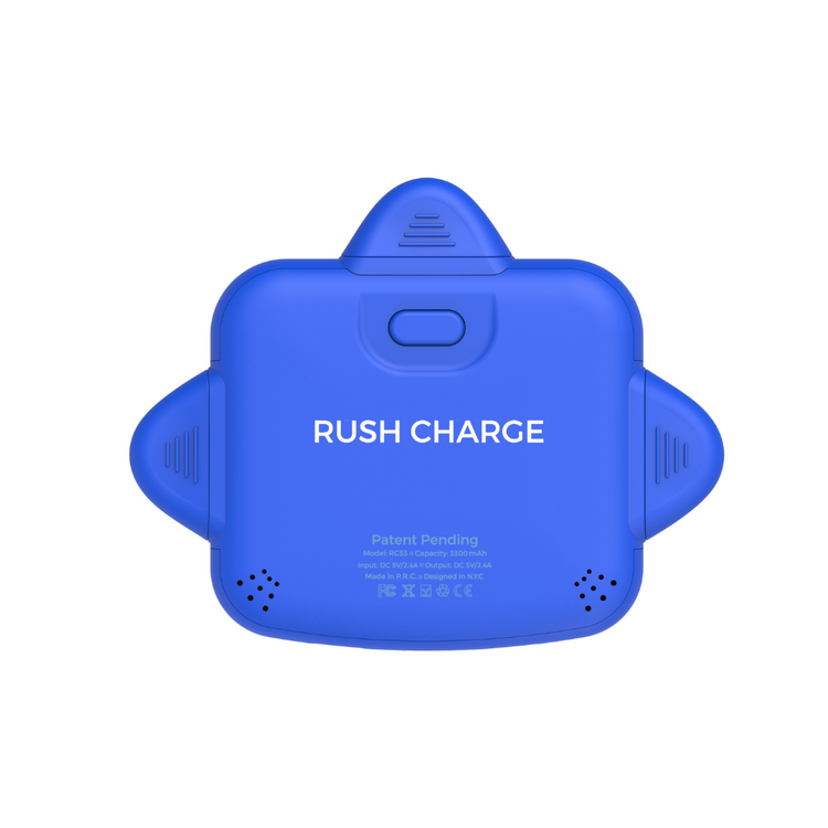 Blue device with 'RUSH CHARGE' text on a white background