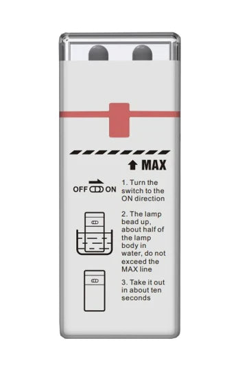 White electronic device with red indicator and black text instructions on a white background