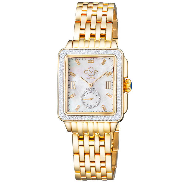 Gold wristwatch with a detailed face on a white background