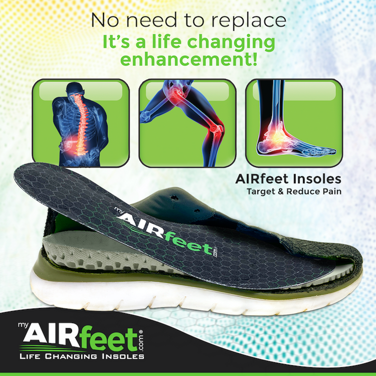 AIRfeet insoles with images of body parts showing pain relief and text highlighting their benefits.