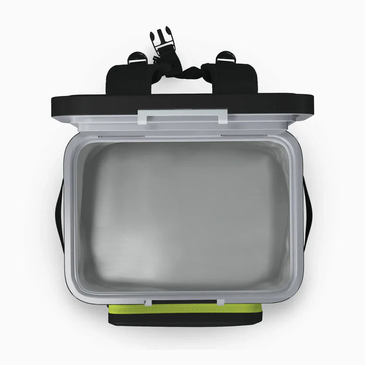 Open cooler with black lid and green base on a white background