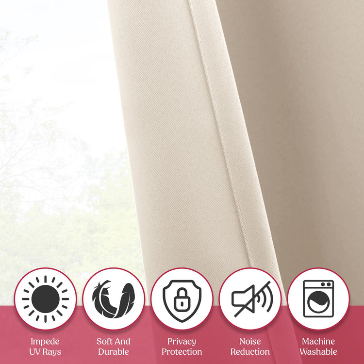Beige curtain with product features icons and text on a white background