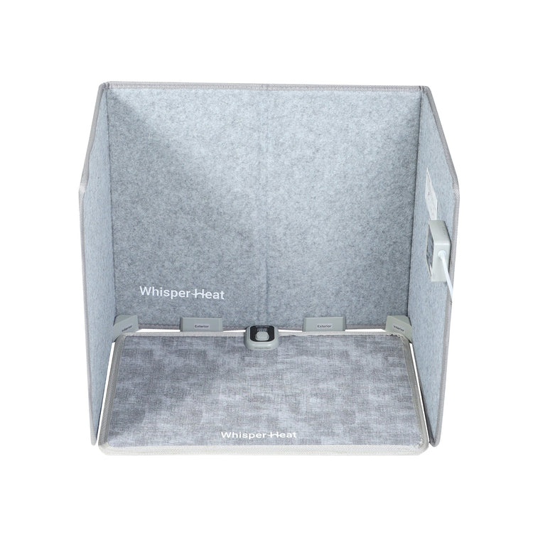 Gray pet heating pad with 'Whisper Heat' branding on a white background