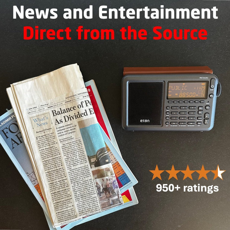 Radio receiver and newspaper on a dark surface with promotional text about news and entertainment.