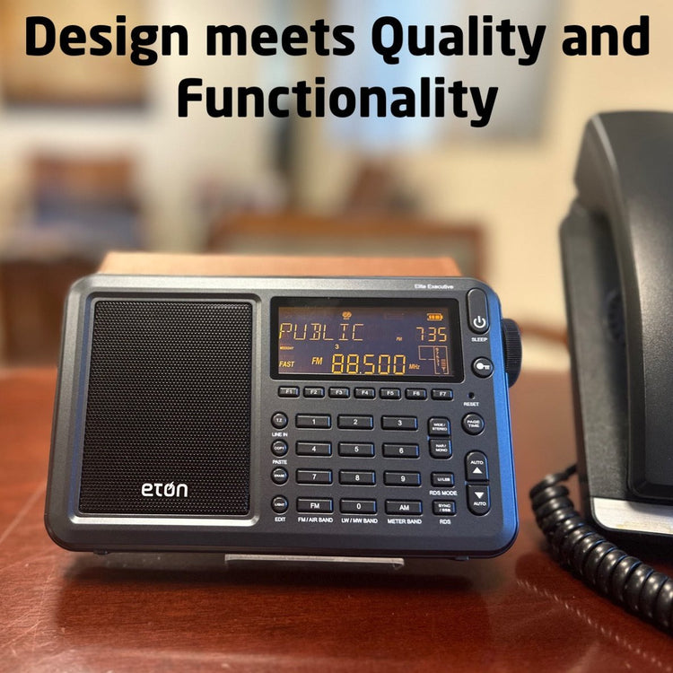 Radios on a desk with text 'Design meets Quality and Functionality'