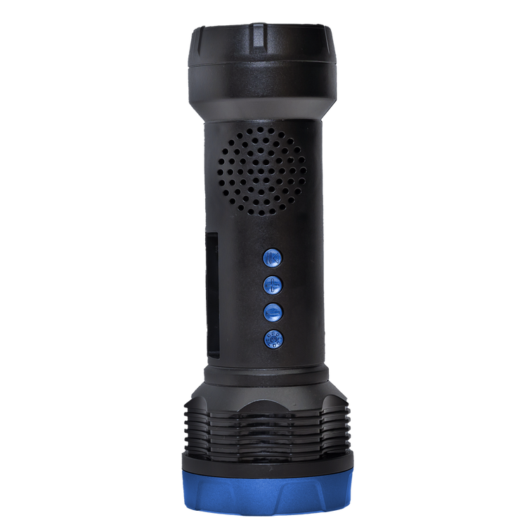 Black and blue flashlight with three blue buttons on a white background