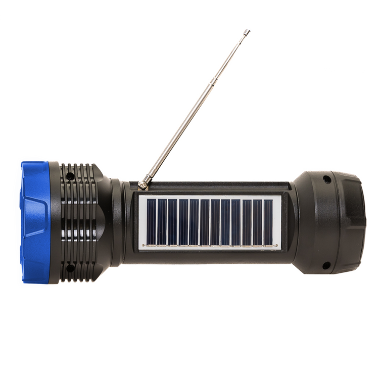 Portable solar lantern with blue accent and antenna on a white background